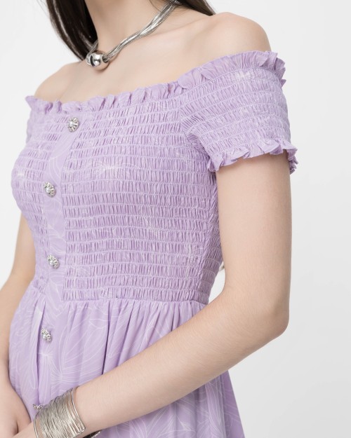 SIXDO Floral Off-Shoulder Midi Chiffon Dress